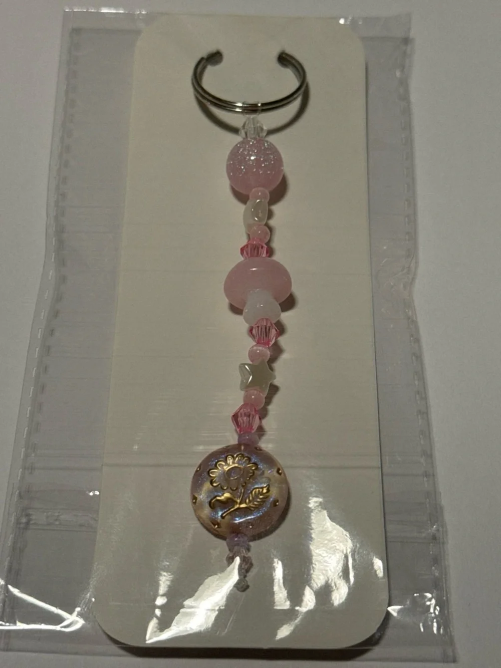 Pink Beaded Flower Keychain